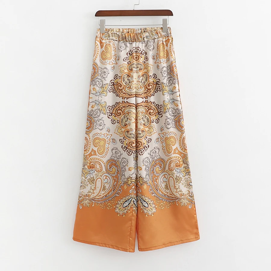 TEELYNN boho Брюки атласные оранжевые с узором пейсли широкие брюки с высокой эластичной талией свободные пляжные брюки летние брюки