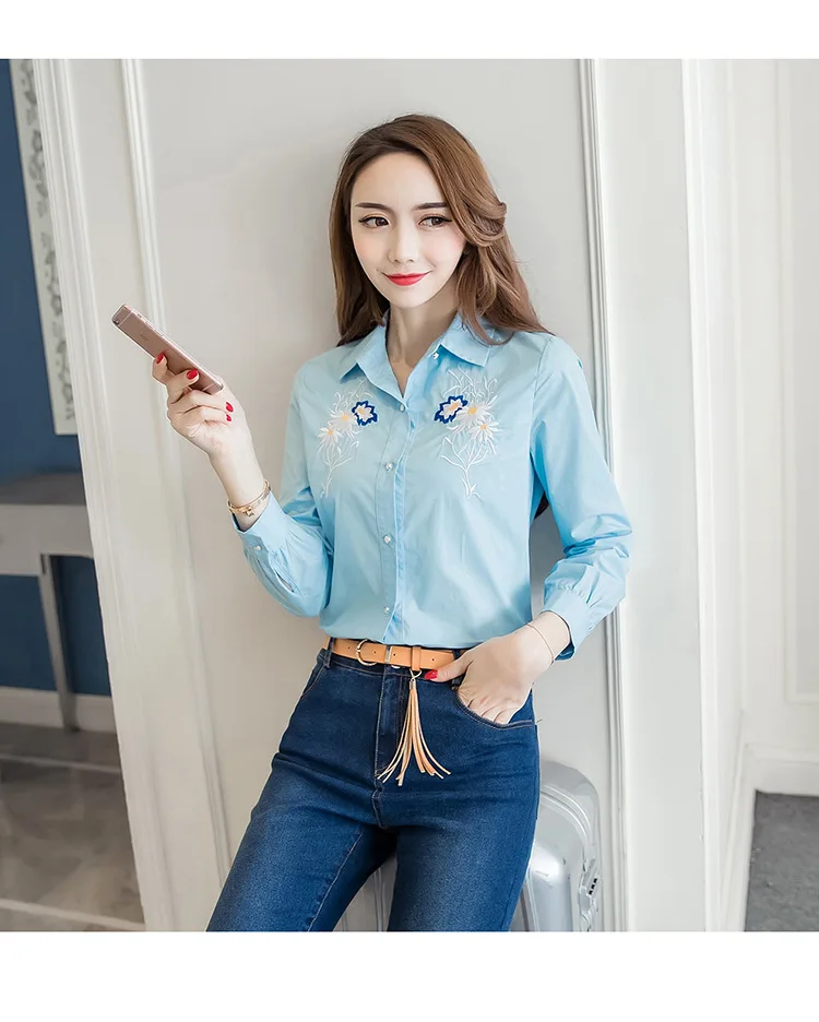 Green Field New Arrival Spring 2017 Korean Women's Cute Embroidery Long Sleeved Turn Down Collar Sky Blue Blouse Shirt 3019 |