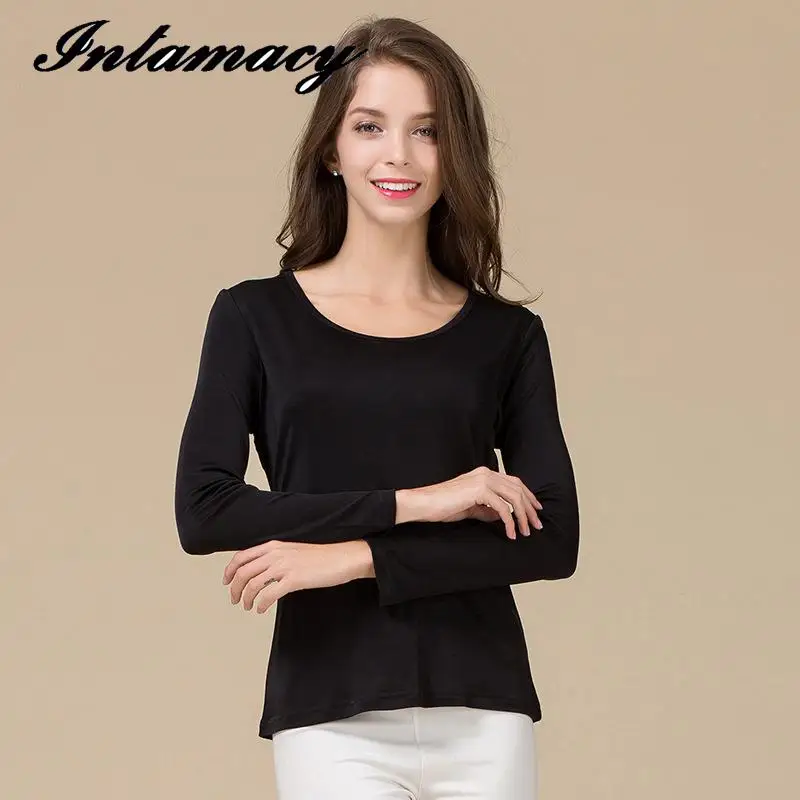 Осенняя новая шелковая двойная вязка Классическая футболка с длинным рукавом 100%