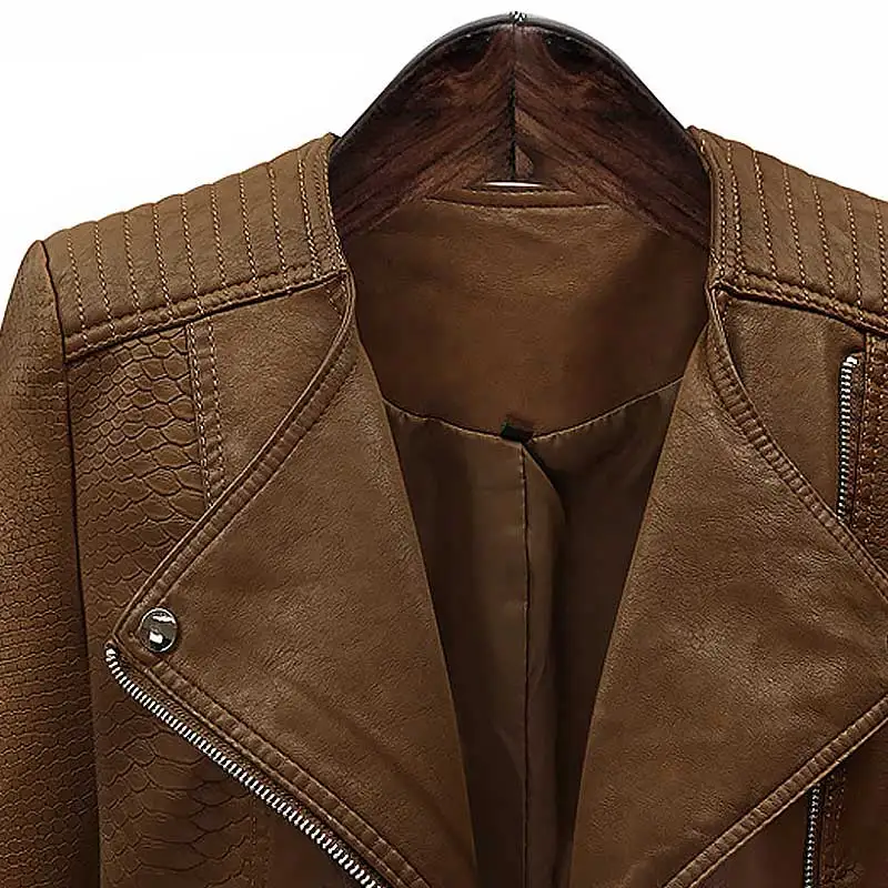 Winter Women 5XL Oversized Faux Leather Jacket Motorcyle Punk Coat Coffee Slim Biker Turn Down Collar Outwear | Женская одежда