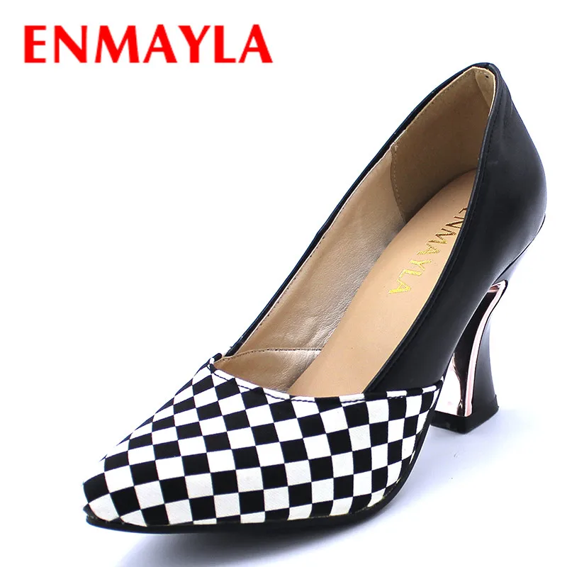 

ENMAYLA Square Heels Pointed Toe Pumps Women Mixed Colored Black White Shoes Elegant Ladies Shoes Women Party Pumps Size 44