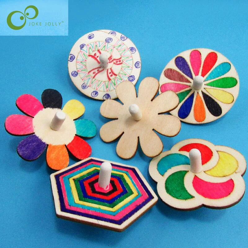 

6pcs/set White Wood Gyro Toy for Children DIY Handmade Painted Toy Gyro Pinata Creative Kindergarten Hand Painted Toy WYQ