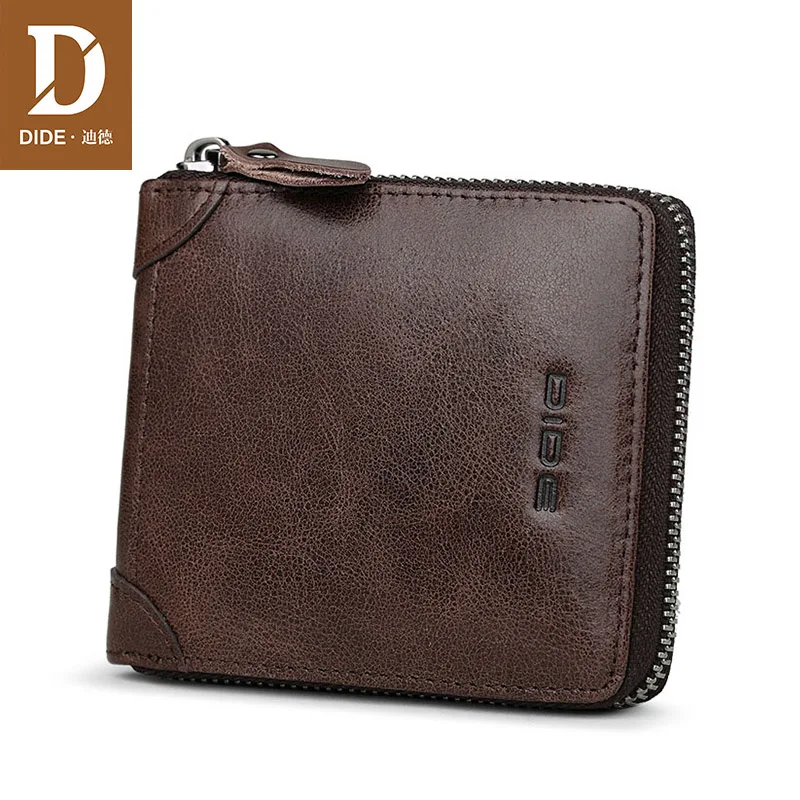 

DIDE 2018 Simple Retro Men's Wallets Vintage Cow Genuine Leather Wallet Zipper Coin Purse Card Holder Short Wallet Male