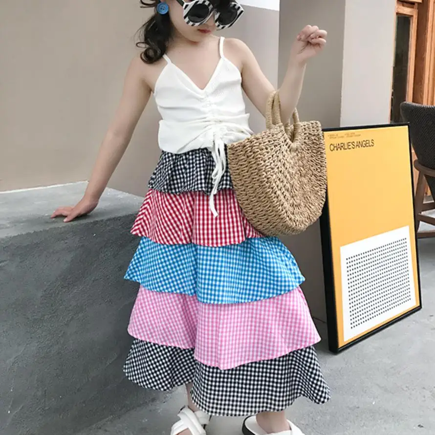 

Girls plaid skirts 2019 summer new patchwork ruffles skirts for children kids fashion cotton clothes cake skirts 3-12Y ws558