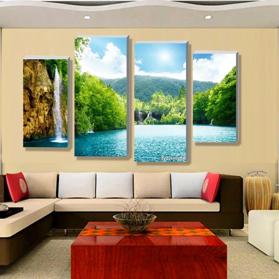 4 панели голубое небо зеленый лес водопад пейзаж Картина цветы современные