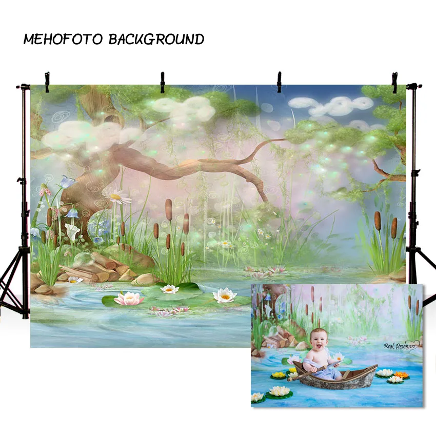 

Vinyl Photography Backgrounds Tree River Lotus Firefly Children Wonderland Spring Season Decor Backdrop for Photo Studio