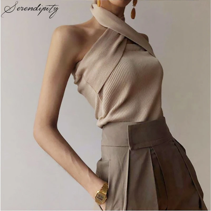 Women Sweater Knit Slim Sleeveless Hollow Out Halter Pullover Winter Autumn Cotton Elegant Apricot Backless Sexy Solid | Водолазки