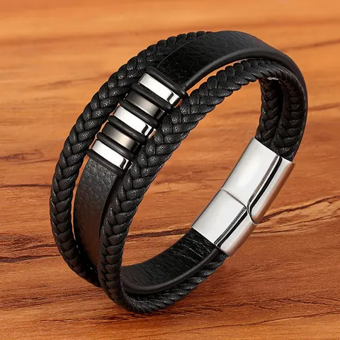 Модный Магнитный черный мужской браслет из нержавеющей стали, кожаный плетеный браслет в стиле панк-рок, ювелирные аксессуары для друзей