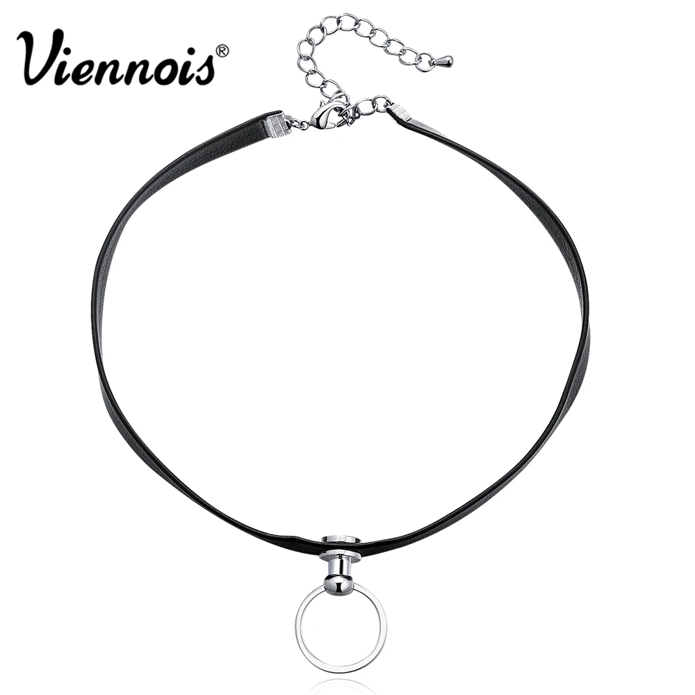 Viennois Новый Круг Черная Кожа Колье Ожерелья для Женщин Панк Platinum Покрытием
