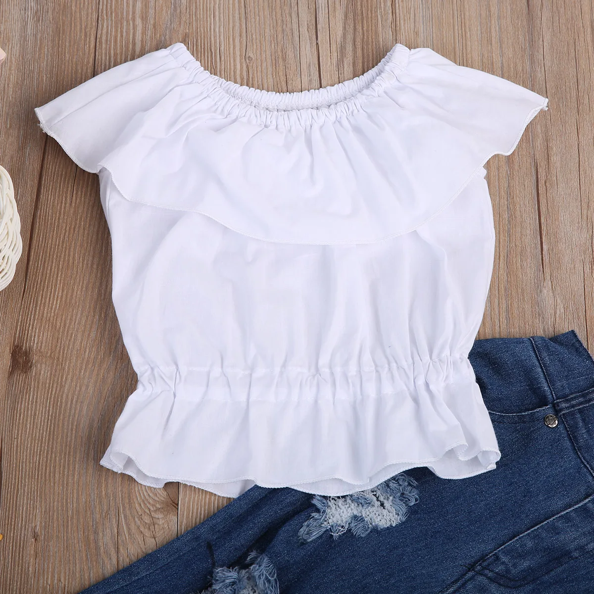 Baby Girl Kids Cute Ruffles Sleeve Summer Crop Tops Tank Top T-shirt Clothes+Jeans Pants 2pcs Outfit Set | Детская одежда и обувь