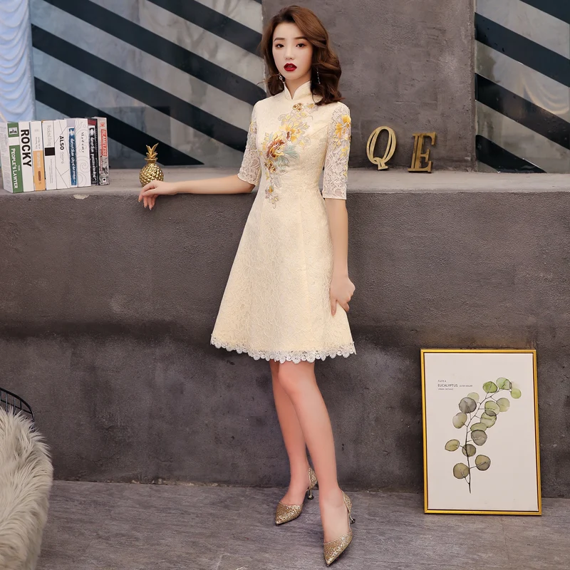 Кружевное платье Ципао, корейское, короткий рукав, cheongsam goddess, традиционное, современное, китайское, свадебное платье для женщин, Китай, qi pao