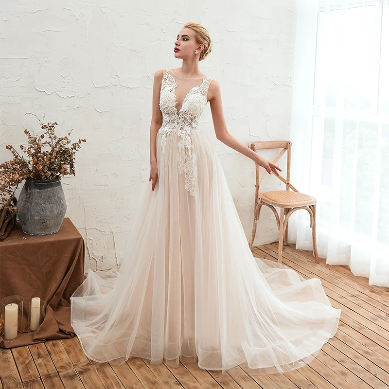 100% Real Photos Wedding Dresses Scoop Neck Sleeveless Illusion Bodice Vestido De Casamento Boho Bridal Dress For Summer | Свадьбы и