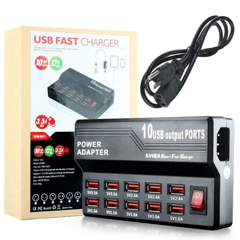 New 5V12A 10 Port Charging Station Multipe USB Desktop Rapid Charger for Smart Phone Tablet PC iPhone 7 6 6plus 5 iPad | Мобильные