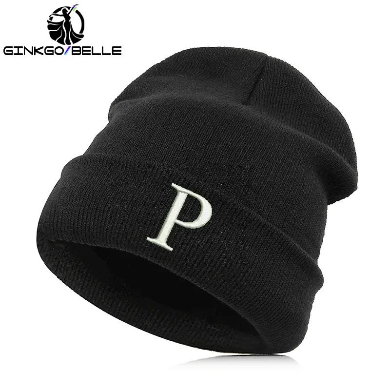 P Шапка-бини, шапка Skullie, зимняя, с вышивкой, в стиле панк, для мужчин и женщин, для подростков, для уличных танцев, алфавит, A-Z, с именем, аббревиатура - Цвет: P