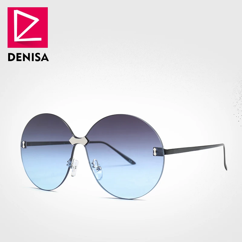 DENISA, винтажные, без оправы, большие, круглые, солнцезащитные очки для женщин,, цельные, негабаритные, солнцезащитные очки, мужские, розовые, оттенки, UV400, gafas de sol, G22050 - Цвет линз: Gray Blue Sunglasses
