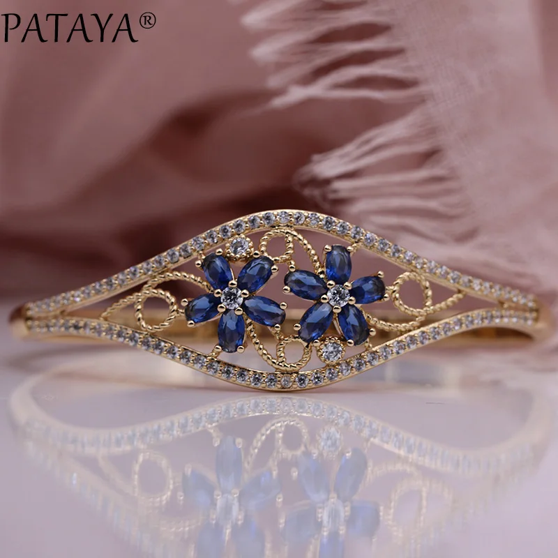 PATAYA, новинка, Овальный лепесток, роскошный женский браслет, Свадебный, тонкий, браслет с отверстиями, 585, розовое золото, темно-синий, натуральный циркон, милые, модные ювелирные изделия
