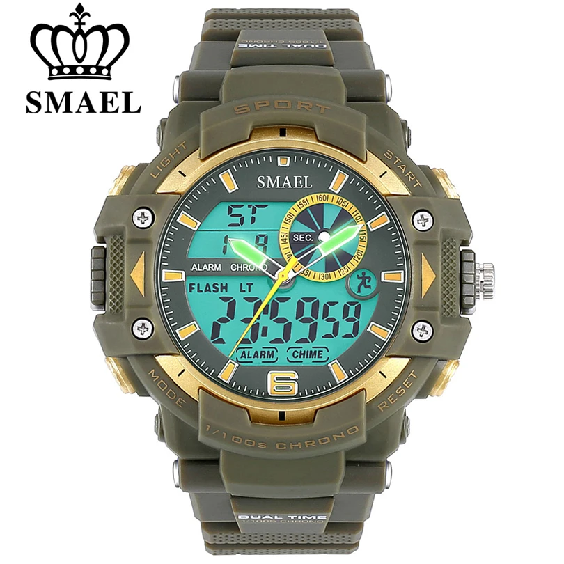 Мужские спортивные часы SMAEL зеленые водонепроницаемые наручные в стиле S Shock 50 м