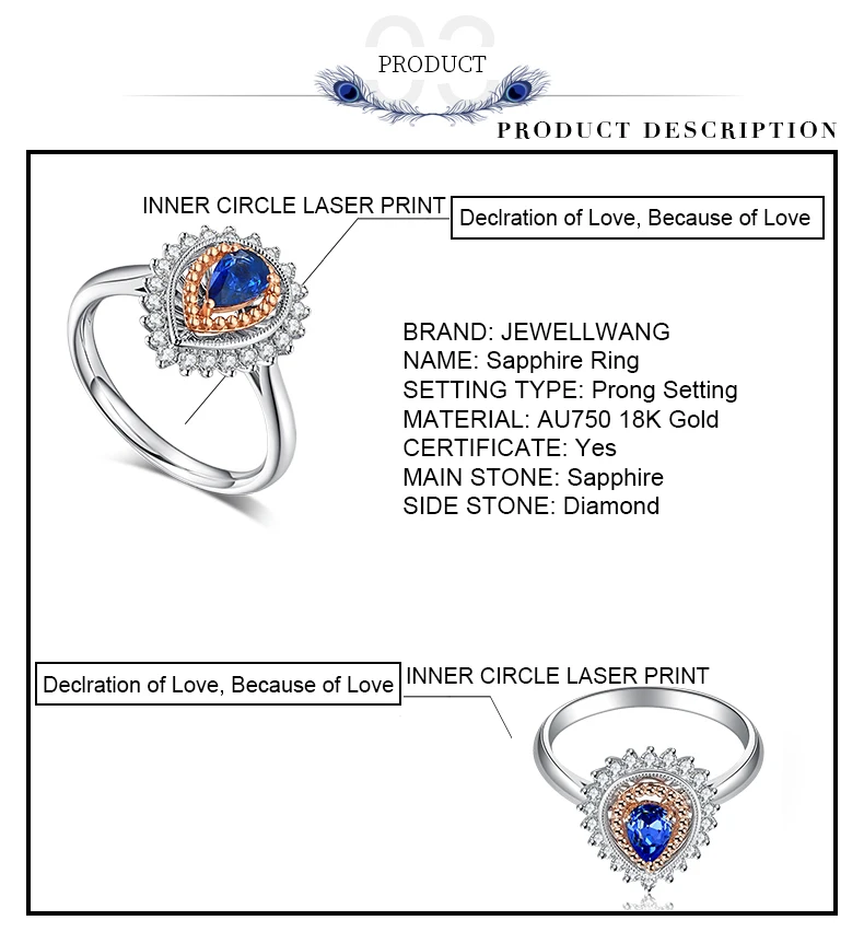 JEWELLWANG Роскошный натуральный голубой сапфир 18 К кольцо из белого золота кольцо с настоящим алмазом для Для женщин белого золота с камнями-каплями воды Кольца с сапфиром