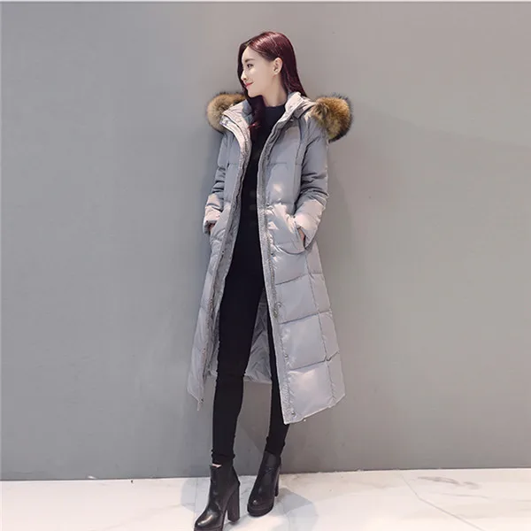 gray real fur Real Raccoon Fur White Duck Down Coat Winter Jacket Women Long Warm Solid Color Hooded Parka Plus Size Snow Outwear Okb167 - Цвет: gray real fur