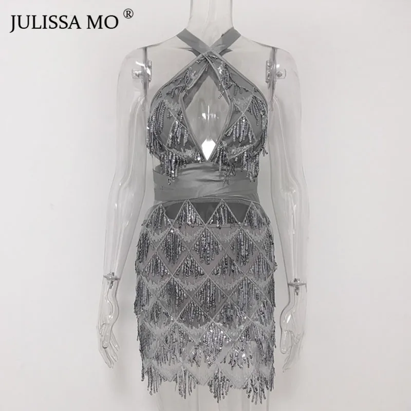 Серебристый Julissa mo, серебристое Бандажное облегающее платье с блестками, женское сексуальное мини-платье с открытой спиной,, вечернее платье с кисточками знаменитостей vestidos - Цвет: Серебристый