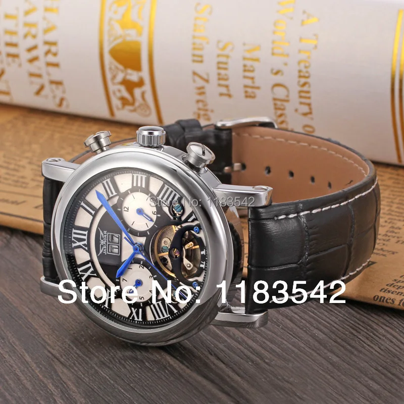 Jargar автоматические Серебристые мужские наручные часы tourbillon черный кожаный