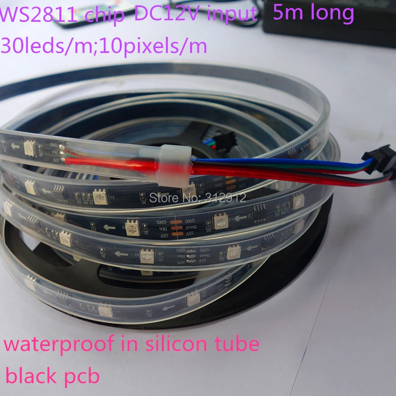 

5m DC12V WS2811 150LEDs (10pixes/m) BLACK PCB led digital strip;IP66;waterproof in silicon tube