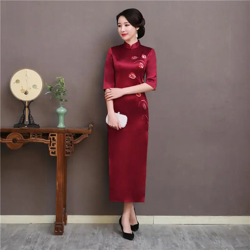 Бургундия вышивка цветочный длинный Cheongsam Традиционный цветок шелк Qipao для женщин сексуальный Сплит Vestidos китайский стиль женское платье - Цвет: Burgundy A