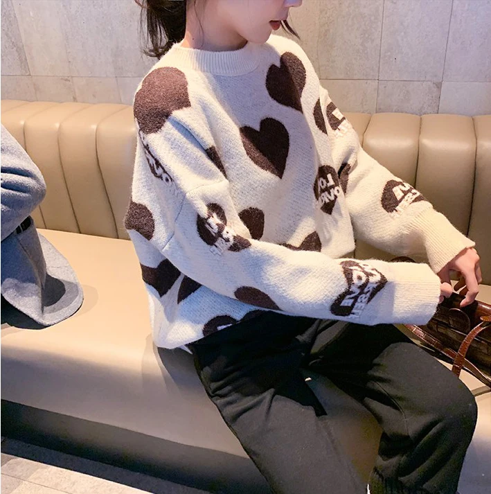 Harajuku sweater women Sweet heart love contrast color block letters autumn winter multicolored pink knit warm pullovers DY343 | Женская