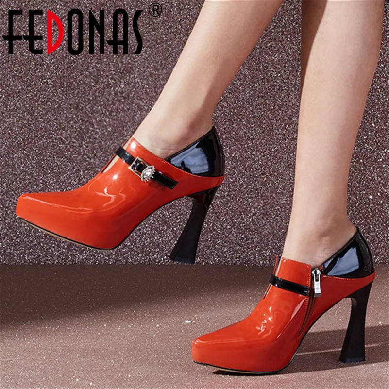 

FEDONAS 2021 New Fashion Women Spring Autumn High Heels Pumps Patent Leather Mixed-colors Buckle Shoes Woman Party Prom Shoes