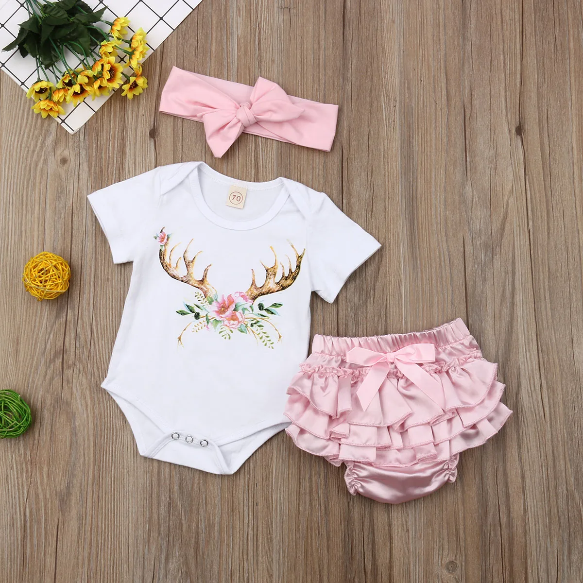 2019 Baby Summer Clothing 0-3Y Infant Girls Deer Print White Romper+Pink Ruffles Shorts+Headband Cotton Party Outfit Sets | Детская