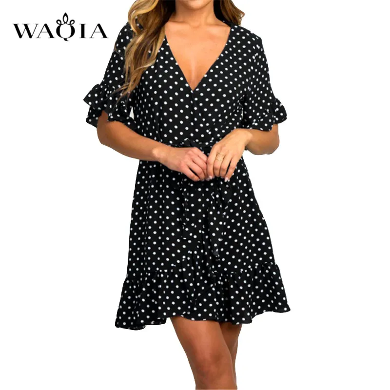 Женское летнее платье 2019 бохо стиль шифоновое в горошек сексуальное v образный