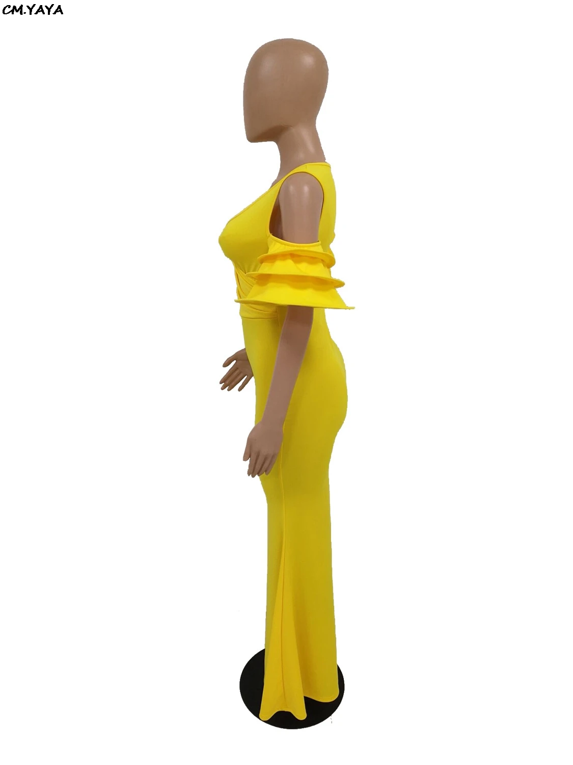 Женское платье макси с каскадными оборками средней длины рукавом до локтя V