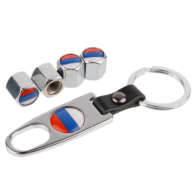 

HAUSNN Russia Flag Black/Silver Car Tyre Valve Caps Tire Air Dust Stem Covers With Keychain For Lada Niva Kalina Priora Largus