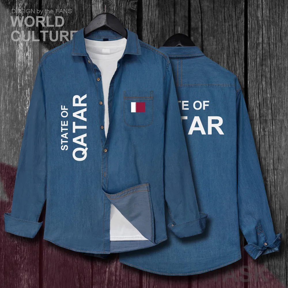 

State of Qatar Qatari Dawlat QA Men Fashion Clothes Autumn Cotton Flags Turn-down Collar Jeans Shirt Long Sleeve Cowboy Coat New