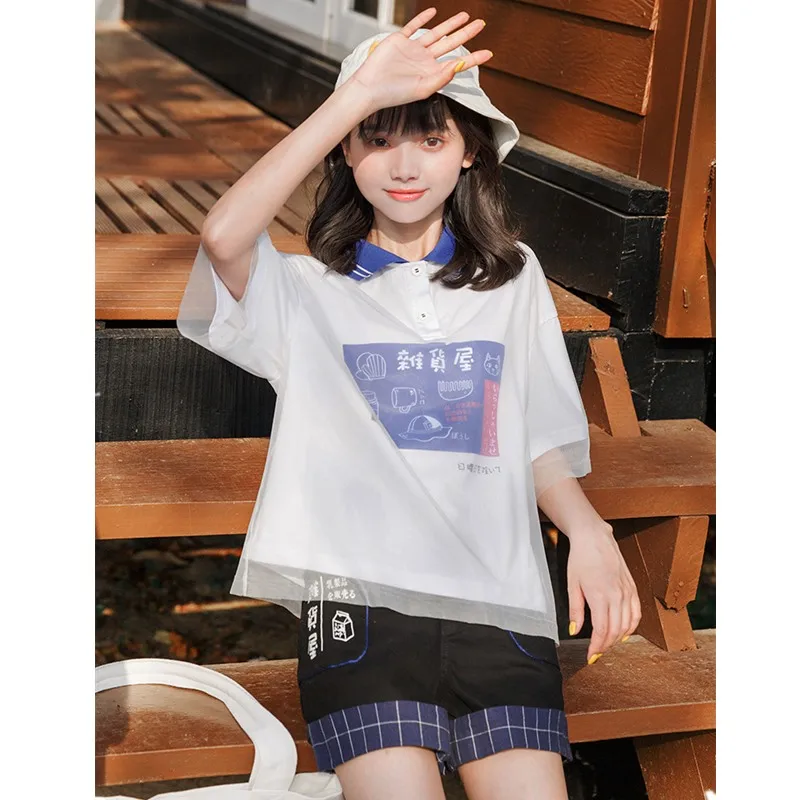 Japanese Kawaii Printed Women T Shirt Cute Graphic Short Sleeve Girls Tops Femme Tee Vintage Cartoon Cat Mesh White Tshirt | Женская