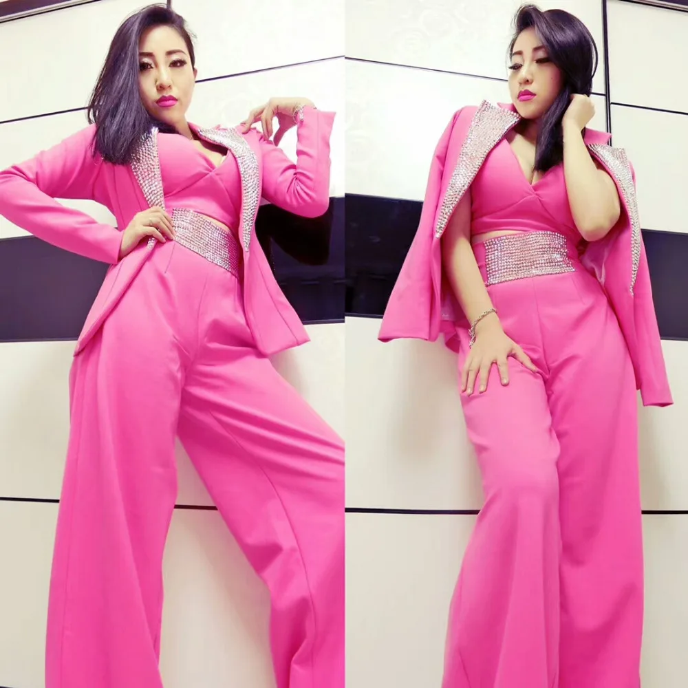Sparkly Crystals Stones Jacket Bra Pants 3 Piece Outfits Female Formal Suits Lady Singer Host Stage Costumes Bar Clubs Clothing
