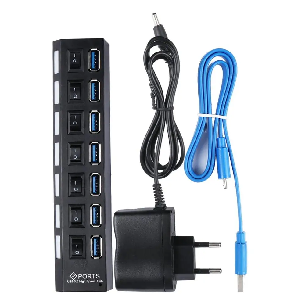 EU Plug 7-портовый usb-хаб USB3.0 мульти Зарядное устройство концентратор Разделитель с Мощность Вкл/выключения высокого Скорость Кабель-адаптер для ПК ноутбука светодиодный индикатор г - Цвет: EU Plug