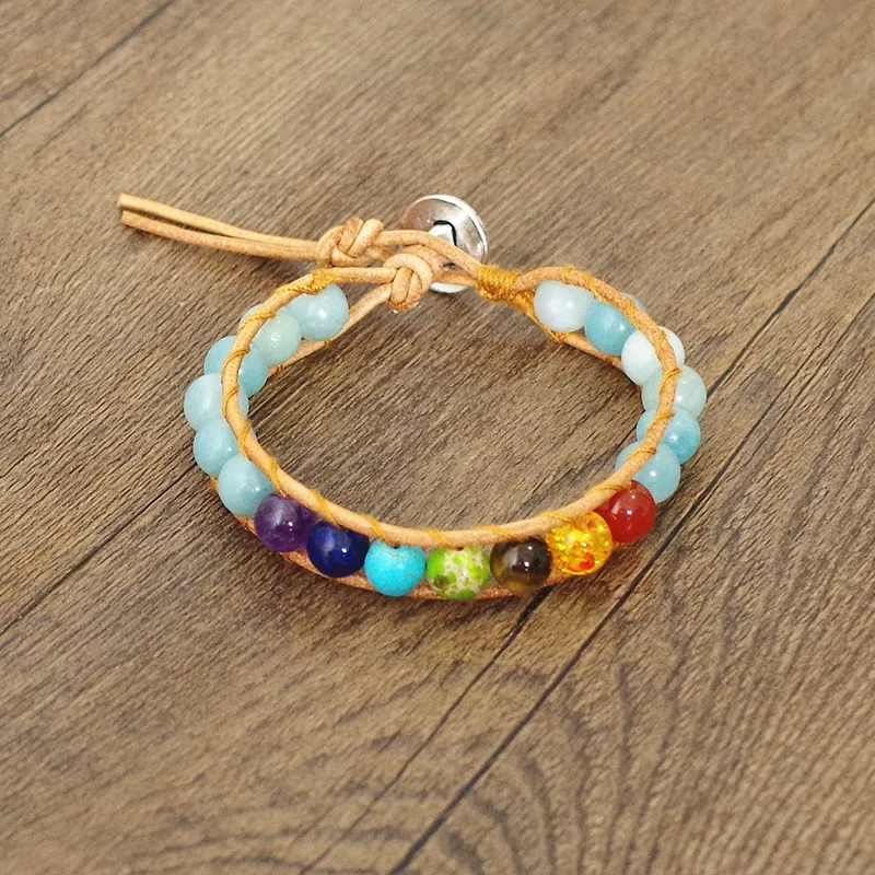 Натуральный камень амазонитовые бусины кожаная пленка 7 браслетов чакр женские