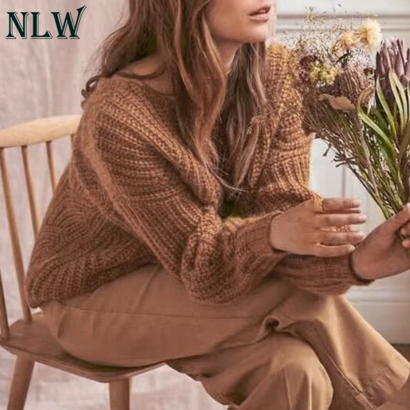 NLW одноцветные Женские винтажные свитера негабаритный Женский пуловер свободный