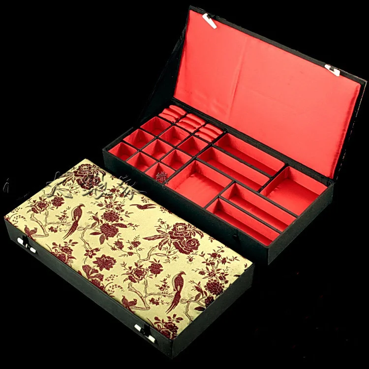Boutique Multi Grid Jewelry Storage Case Wedding Gift Silk Brocade Multi Ring Earrings Bracelet Necklace Decorative Boxes
