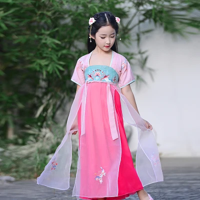 Китайский традиционный костюм Тан hanfu/платье для девочек; китайский национальный костюм; платье феи; Детский костюм Тан; Детский костюм для народных танцев - Цвет: B-RoseRed