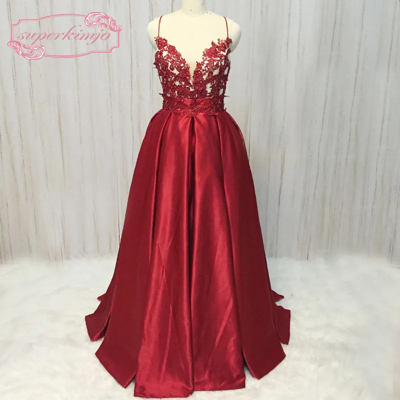 

SuperKimJo Abendkleider 2021 Burgundy Prom Dresses Long Spaghetti Strap Lace Applique Satin Simple Prom Gown Robes De Cocktail