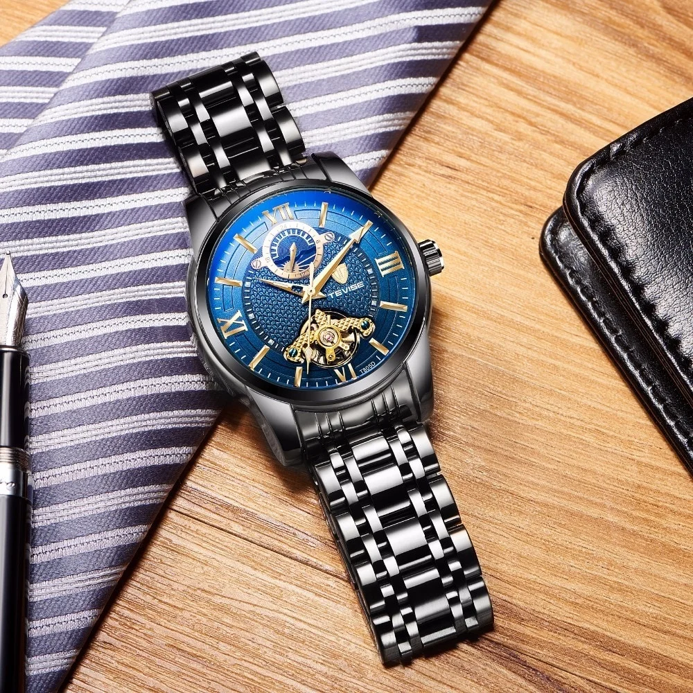 

2021 New Fashion Tevise Men's Sports Watch Moon Phase Luxury Business Men's Watch Tourbillon Watch Movement Design Stainless