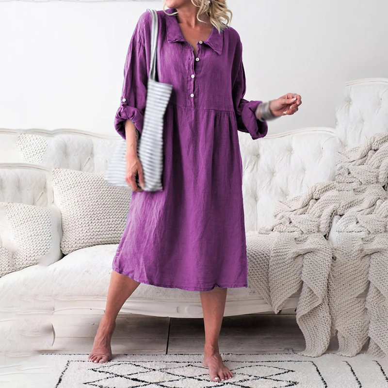 Платья летние женские пуговицы повседневные с отворотом длинным рукавом