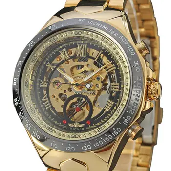 WINNER Men Gold Watches Automatic Mechanical Watch Male Skeleton Wristwatch Stainless Steel Band Luxury Brand Sports Design