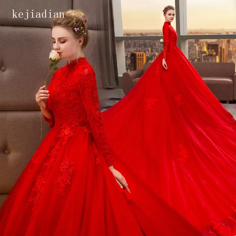 

Luxury Ball Gown high neck Wedding Dresses red 2020 royal Train Bridal dress Wedding Gown vestido de noiva