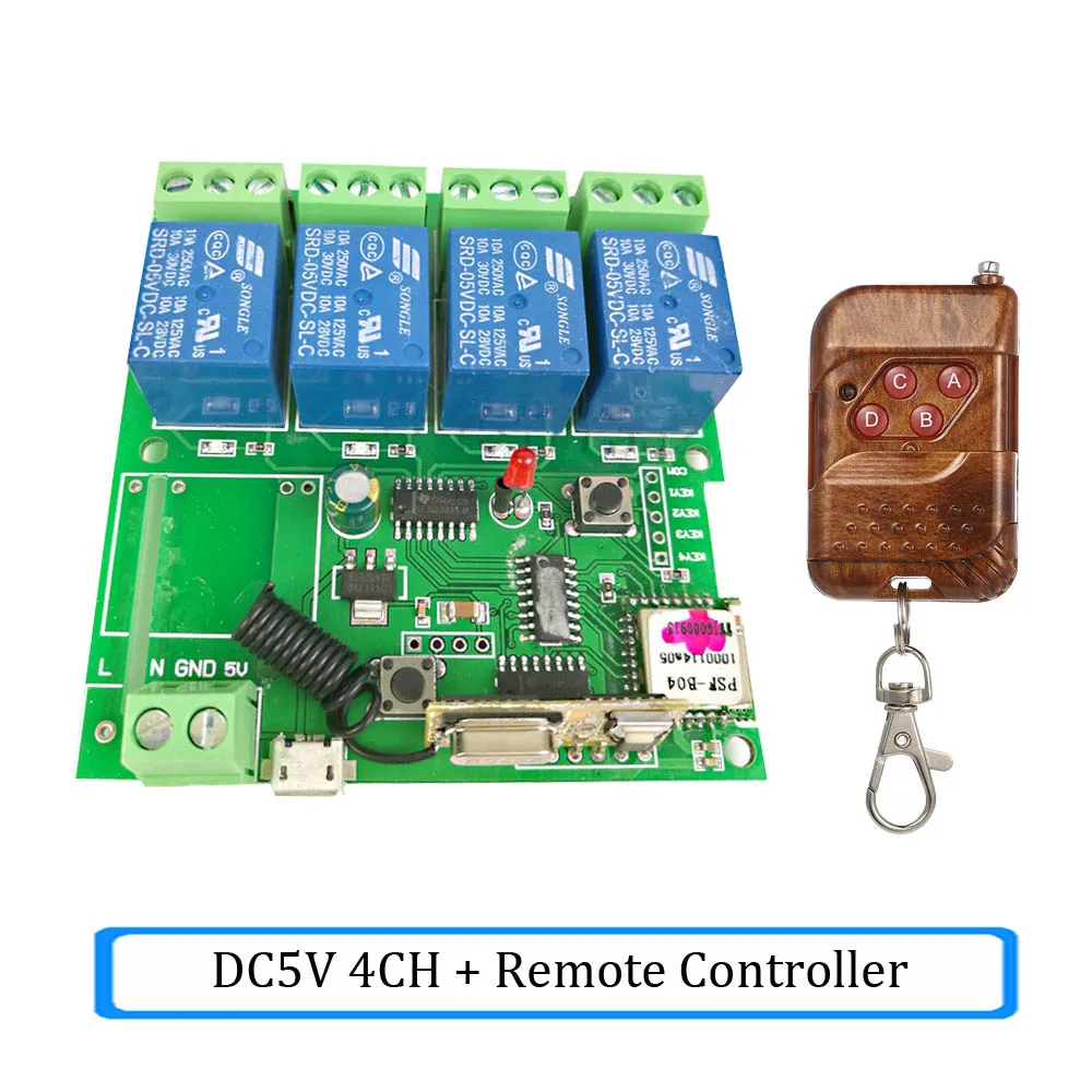 AC85-220V, 5 В, модули домашней автоматизации, Jog Inching, Wi-Fi, беспроводной смарт-переключатель, реле, радиочастотный приемник, 433 МГц, пульт дистанционного управления, 4CH - Комплект: DC5V 4ch