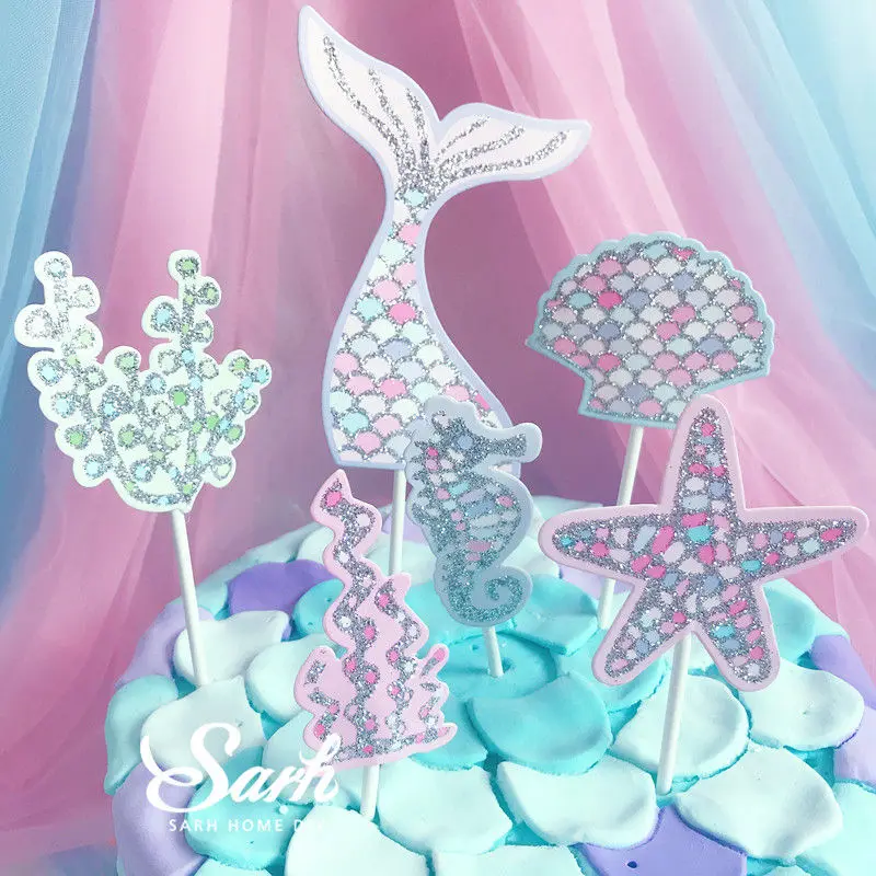 Tail starfish shell Шикарные украшения в виде раковины, русалки, Океанский мир, топпер для торта, украшение на день рождения, десерт, для детского дня рождения, вечерние принадлежности, милый подарок - Цвет: Tail starfish shell