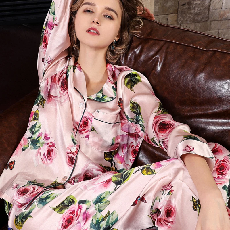 

Real Silk Pajama Female Spring Autumn Silkworm Silk Long-Sleeve Two-Piece Romantic Rose SILK Woman's Sleepwear Summer T8189