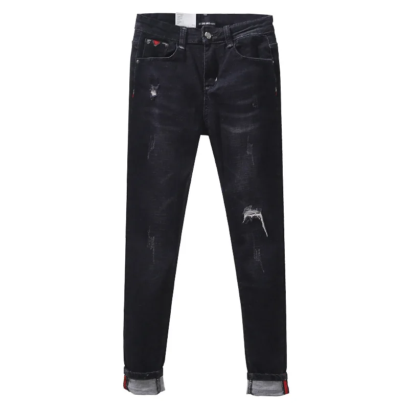 

New high waist, false hole, jeans, nine points, version, elastic knees, holes, little legs, pencil pants, girls.
